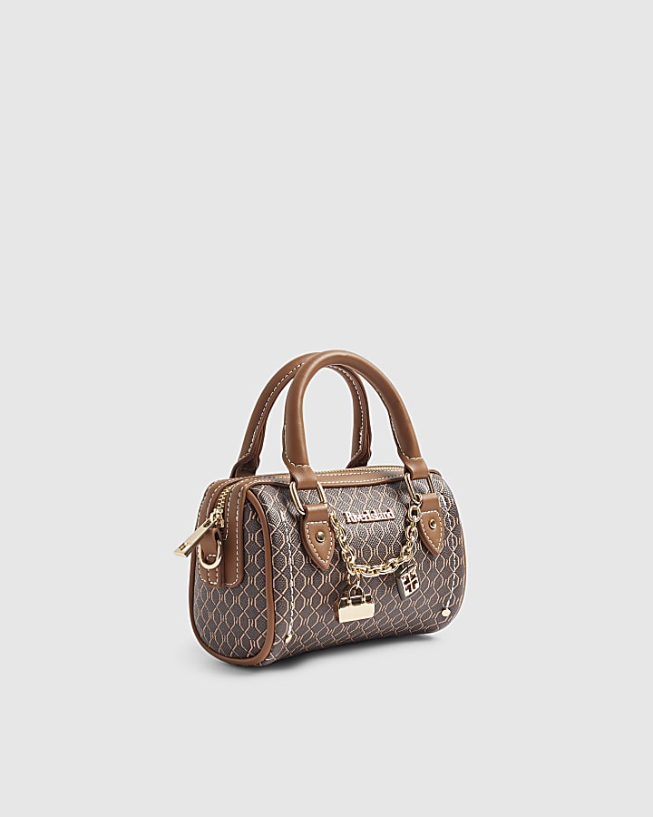 Brown Monogram Print Cross Body Bowler Bag