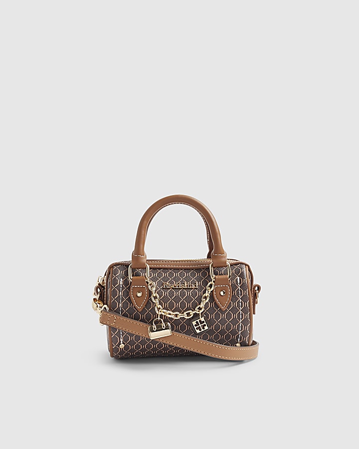 Brown Monogram Print Cross Body Bowler Bag