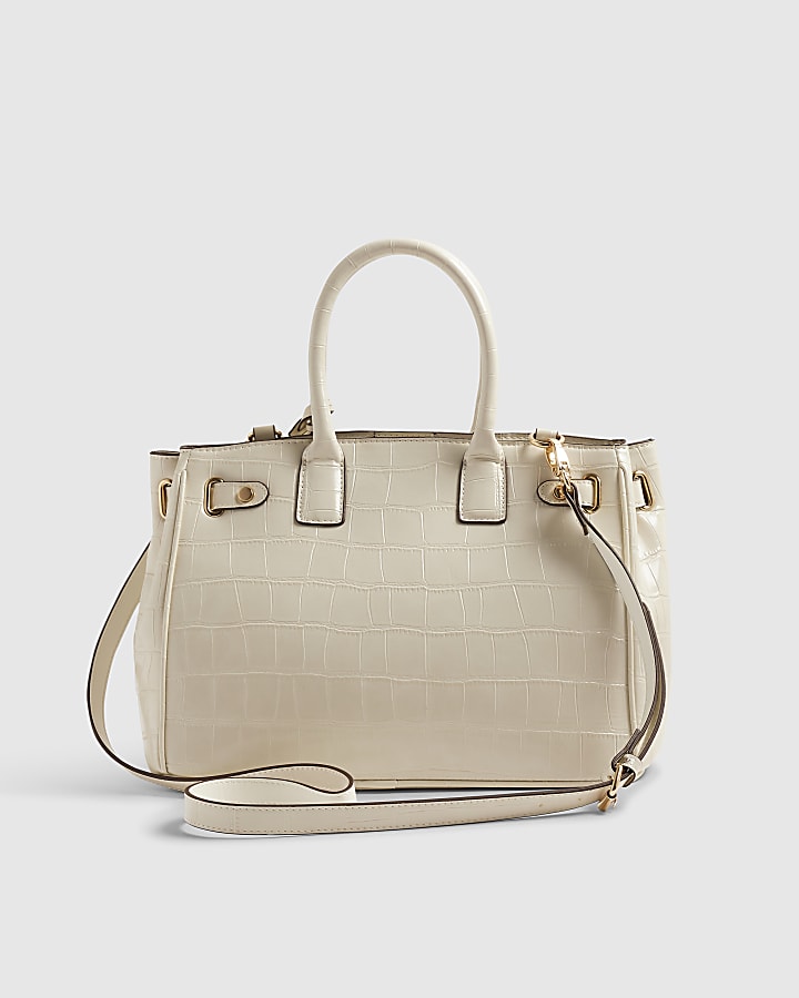 Cream Lock Front Crocodile Print Tote Bag