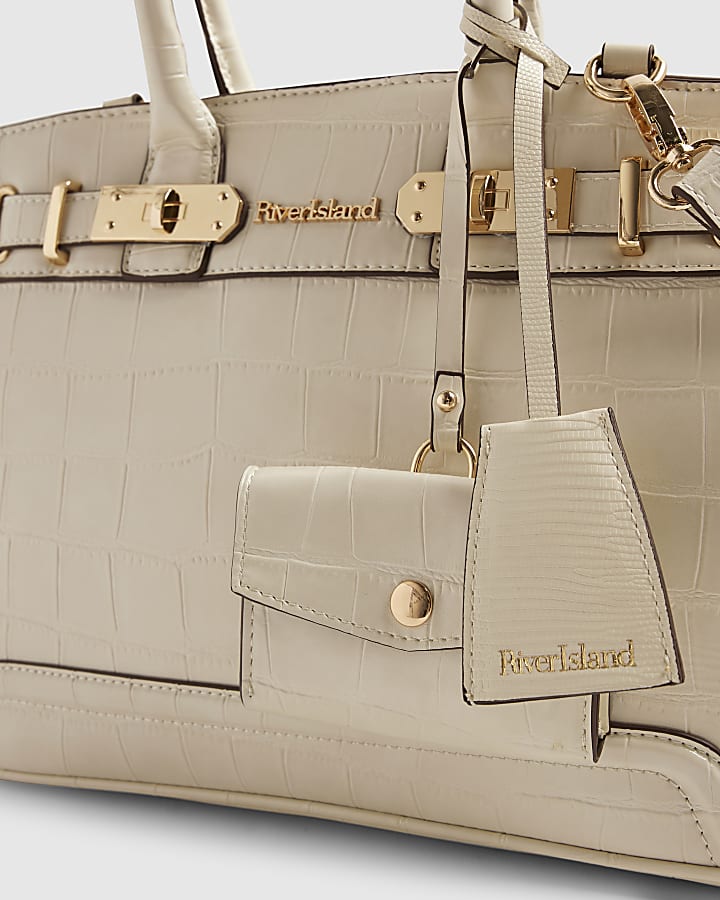 Cream Lock Front Crocodile Print Tote Bag