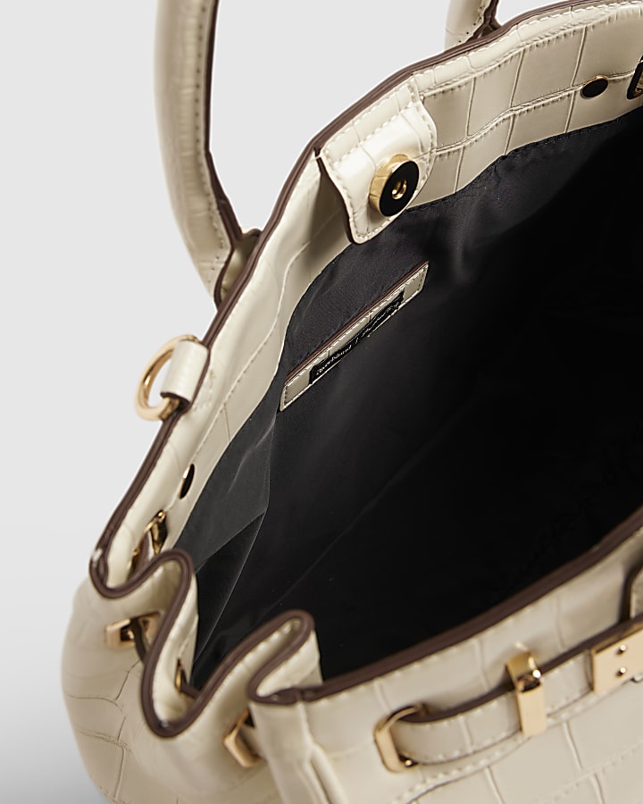 Cream Lock Front Crocodile Print Tote Bag
