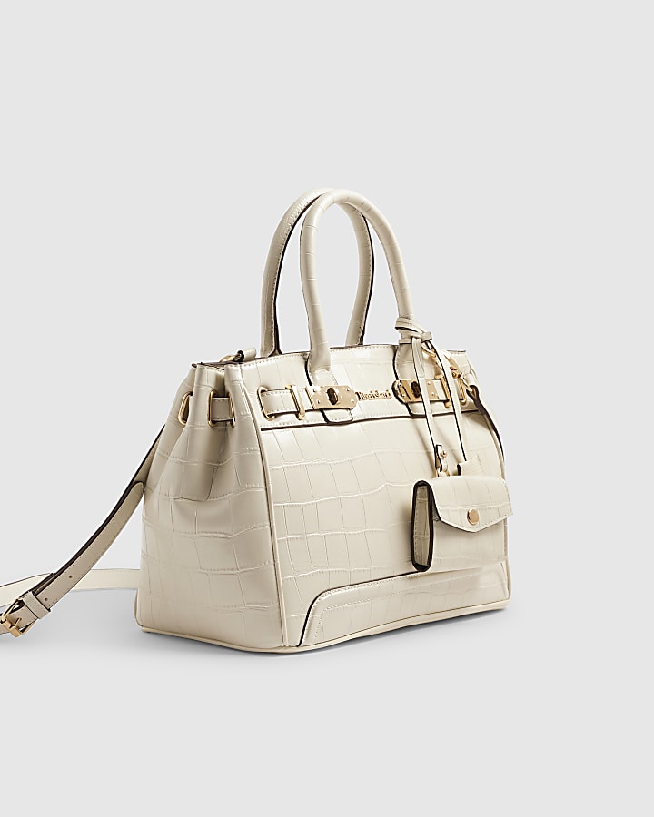 Cream Lock Front Crocodile Print Tote Bag
