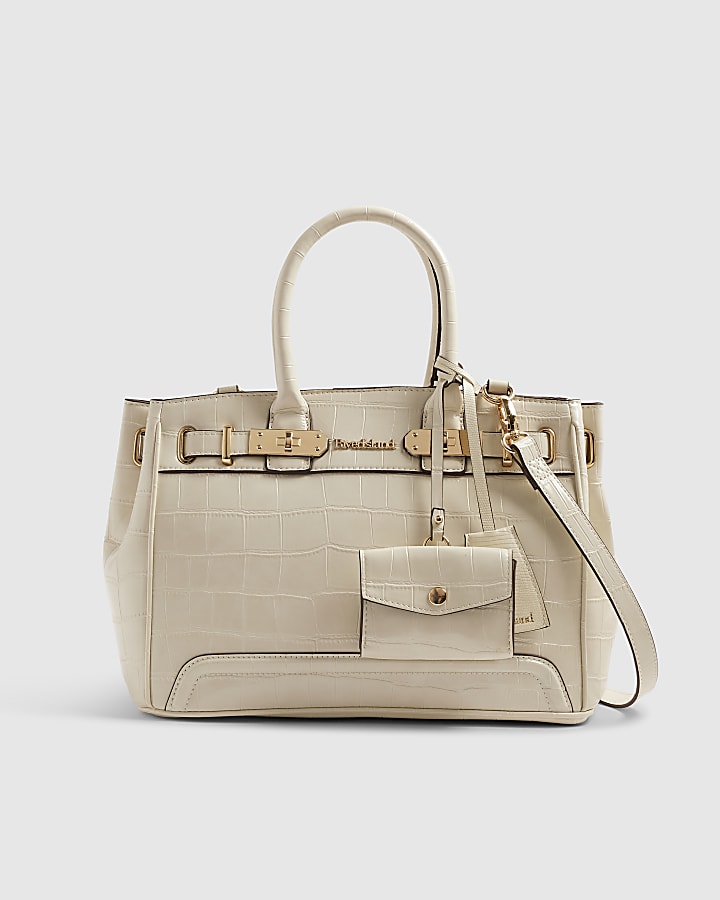 Cream Lock Front Crocodile Print Tote Bag
