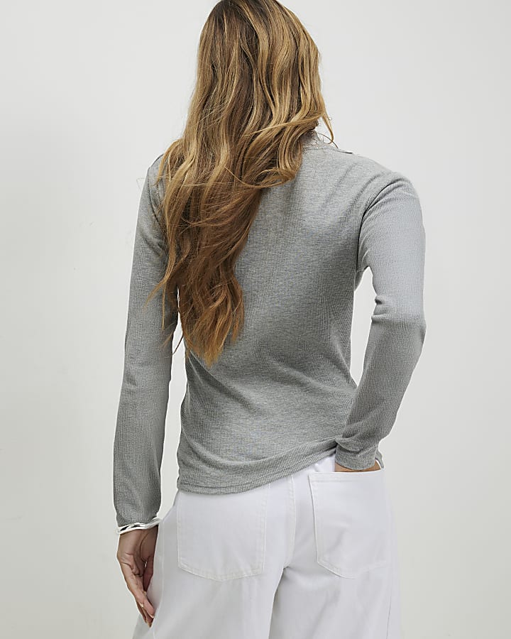 Grey Long Sleeve Ribbed Lace Trim Top
