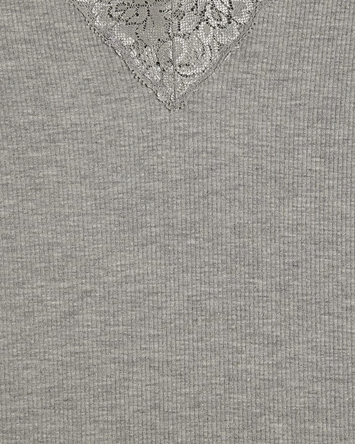 Grey Long Sleeve Ribbed Lace Trim Top