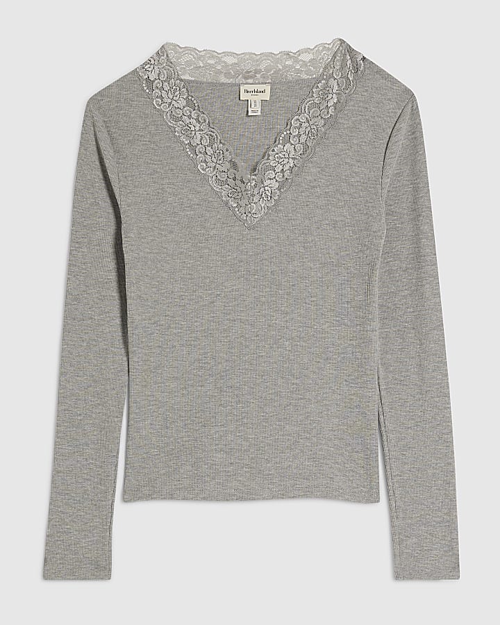 Grey Long Sleeve Ribbed Lace Trim Top
