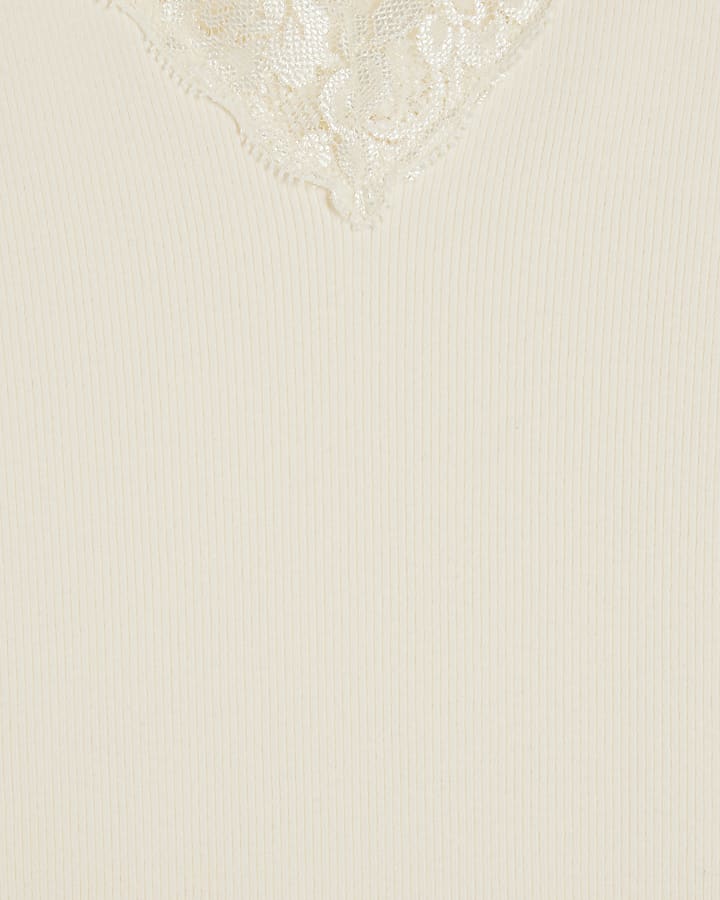White Long Sleeve Ribbed Lace Trim Top