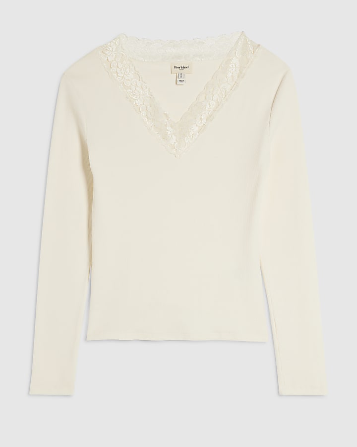 White Long Sleeve Ribbed Lace Trim Top