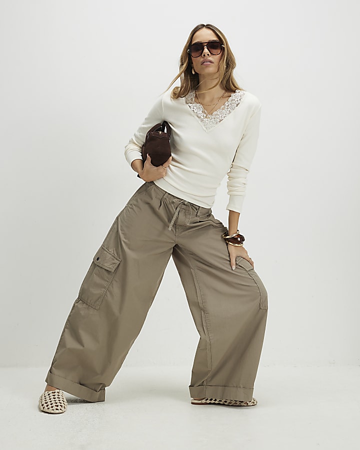 White Long Sleeve Ribbed Lace Trim Top