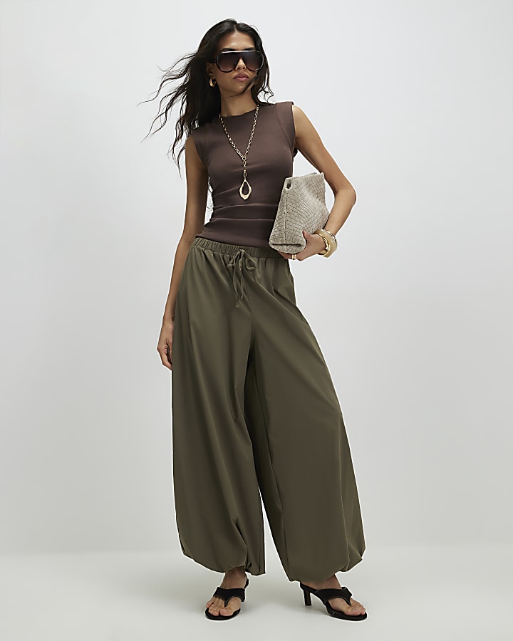 Brown Wide Cuff Fitted Tank Top