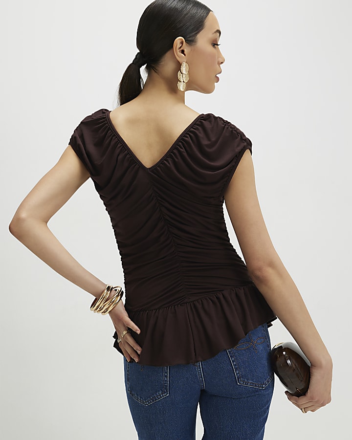 Brown Cotton Ruched V Neck Top