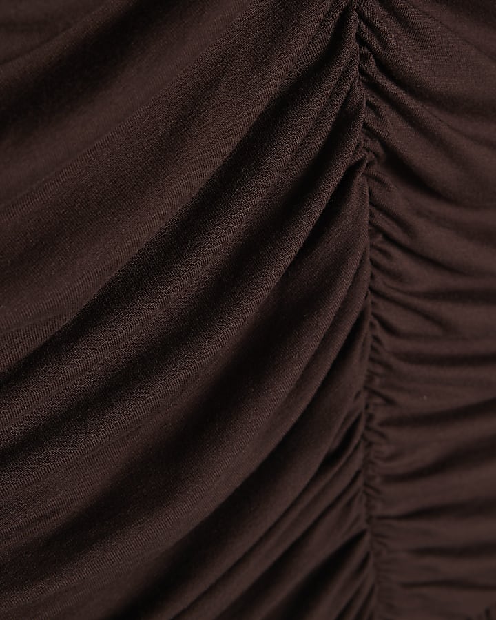 Brown Cotton Ruched V Neck Top