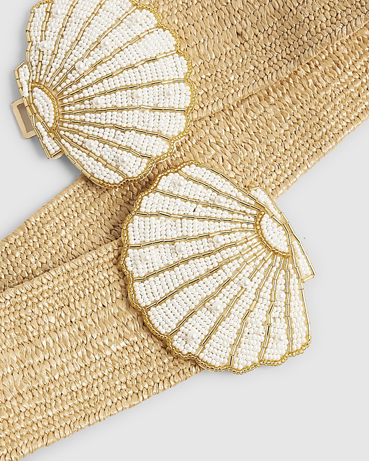 Beige Raffia Beaded Shell Belt