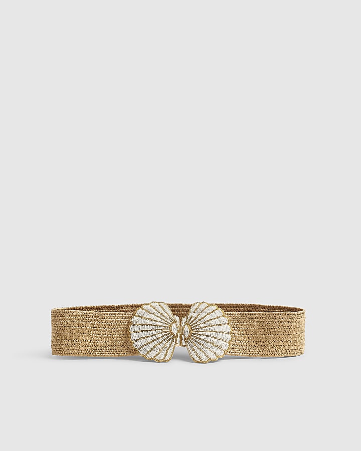 Beige Raffia Beaded Shell Belt