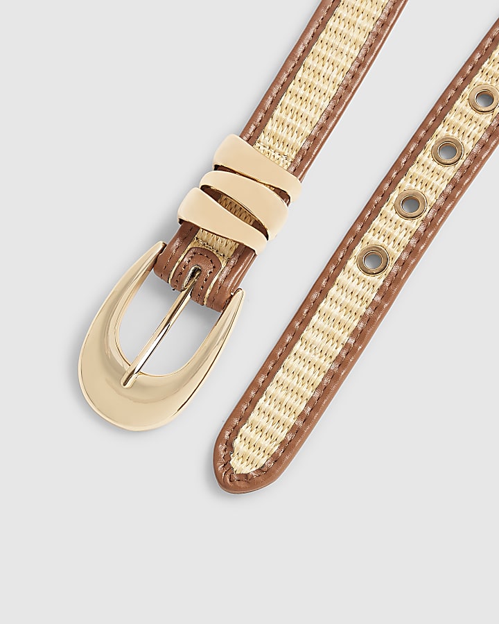 Beige Raffia Faux Leather Piping Belt
