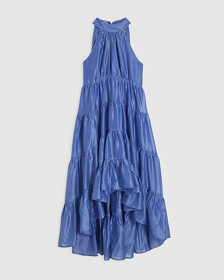 Petite Blue Halter Neck Tiered Maxi Dress
