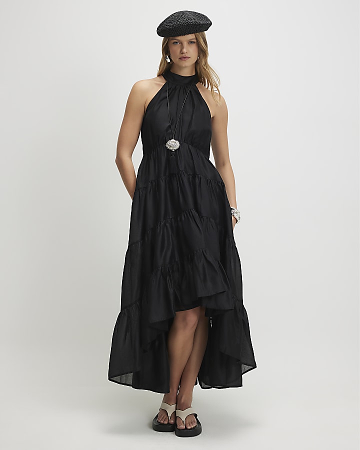 Black Halter Tiered Maxi Dress