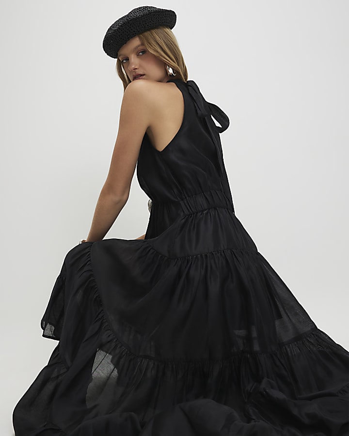Black Halter Tiered Maxi Dress