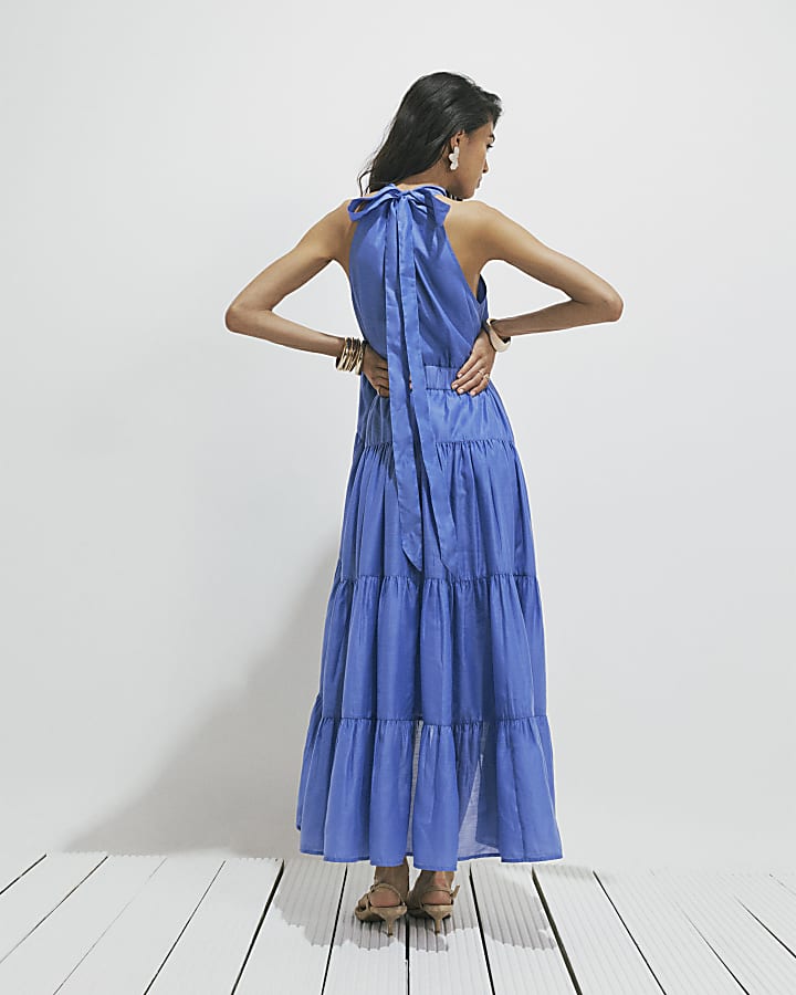 Blue Halter Neck Tiered Maxi Dress