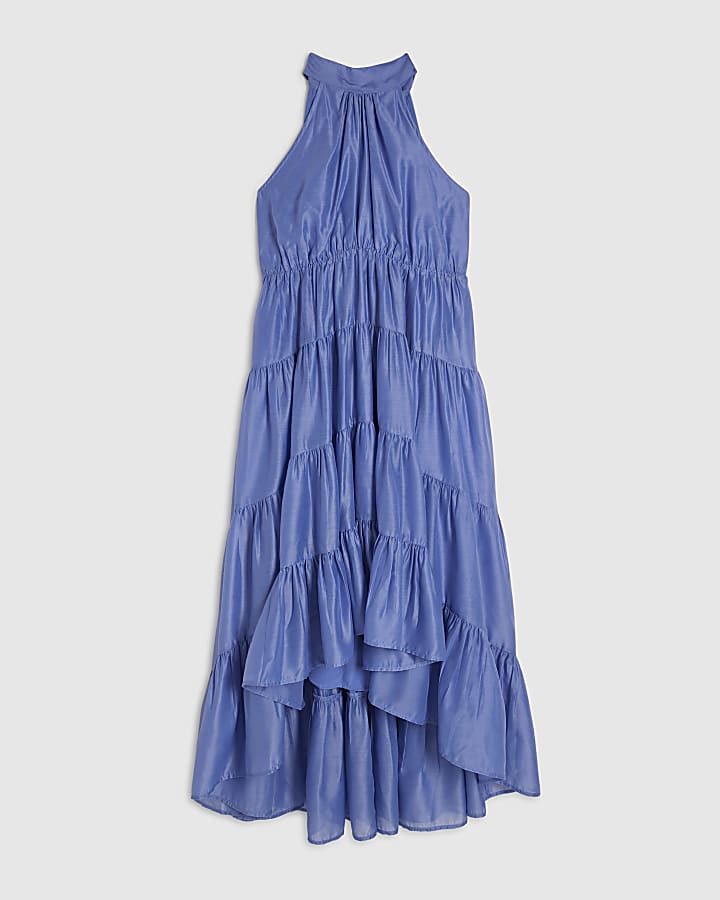 Blue Halter Neck Tiered Maxi Dress