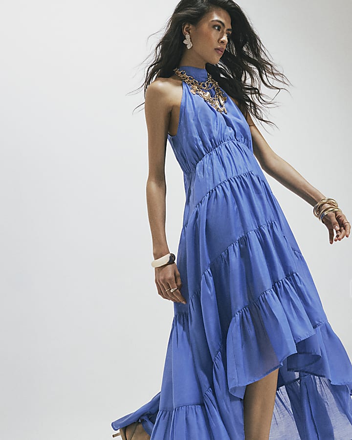 Blue Halter Neck Tiered Maxi Dress