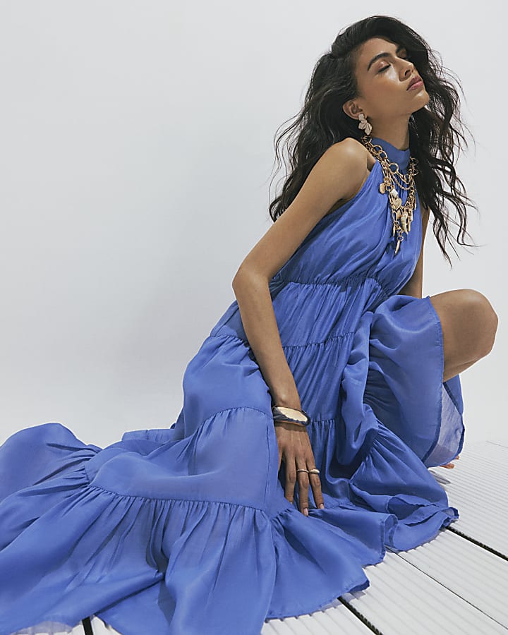 Blue Halter Neck Tiered Maxi Dress