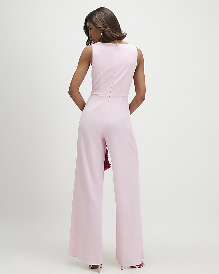 Pink Sleeveless Split Leg Racer Neck Jumpsuit