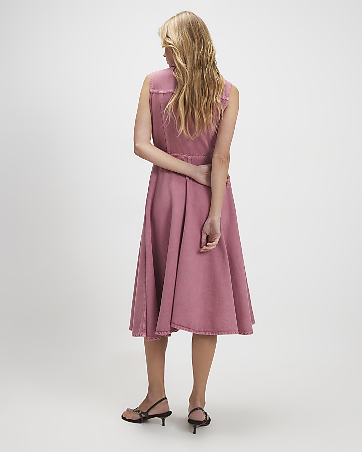 Pink Denim Sleeveless Shirt Midi Dress