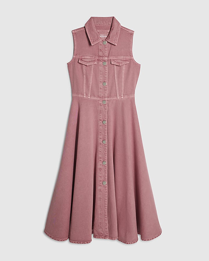Pink Denim Sleeveless Shirt Midi Dress