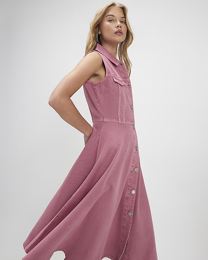 Pink Denim Sleeveless Shirt Midi Dress