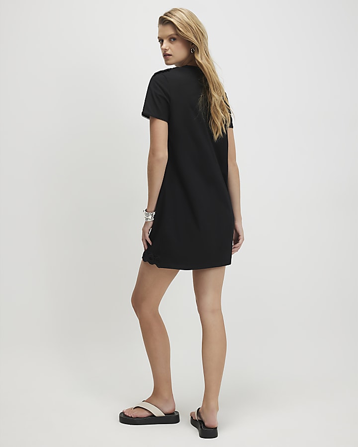 Black Cotton Embroidered Mini T-shirt Dress
