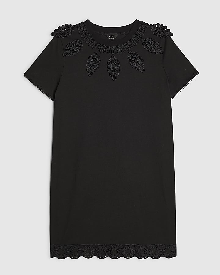 Black Cotton Embroidered Mini T-shirt Dress