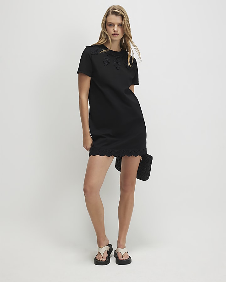 Black Cotton Embroidered Mini T-shirt Dress