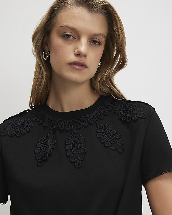 Black Cotton Embroidered Mini T-shirt Dress