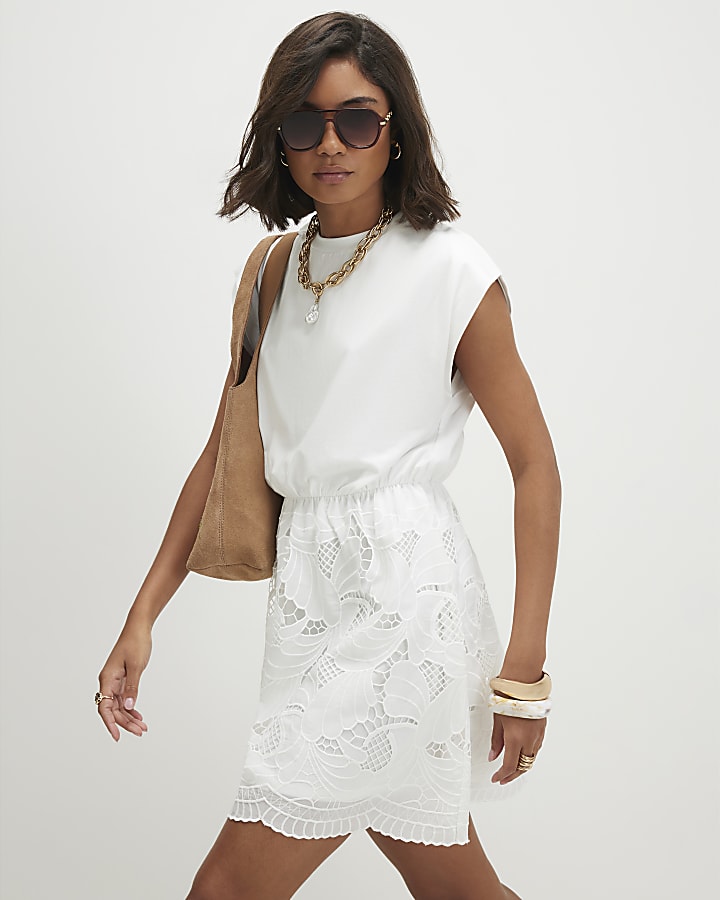 White Cotton Lace Detail Mini Dress