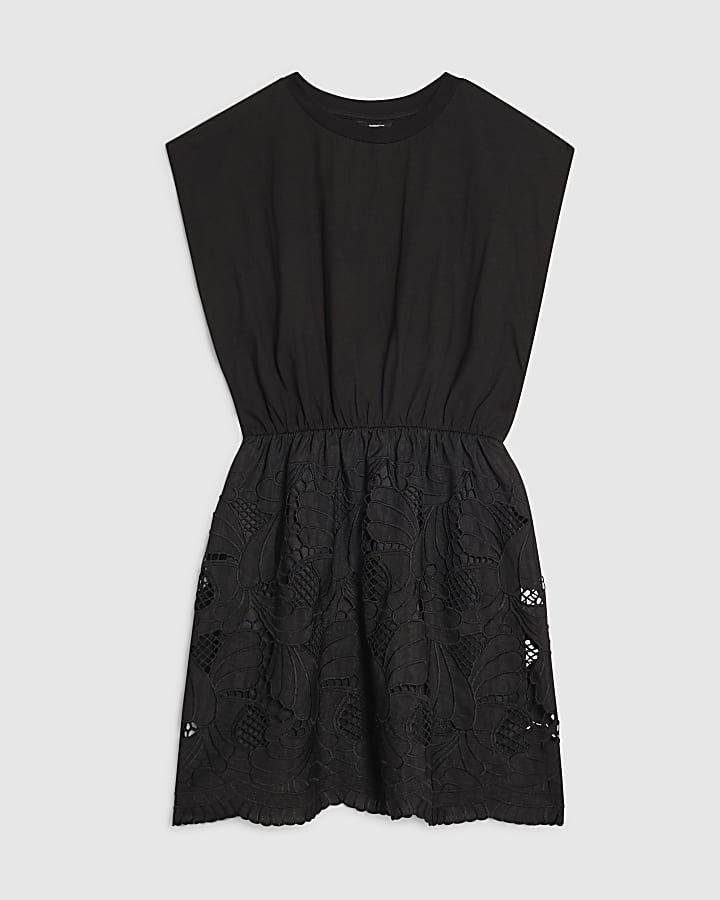 Black Cotton Lace Detail Mini Dress