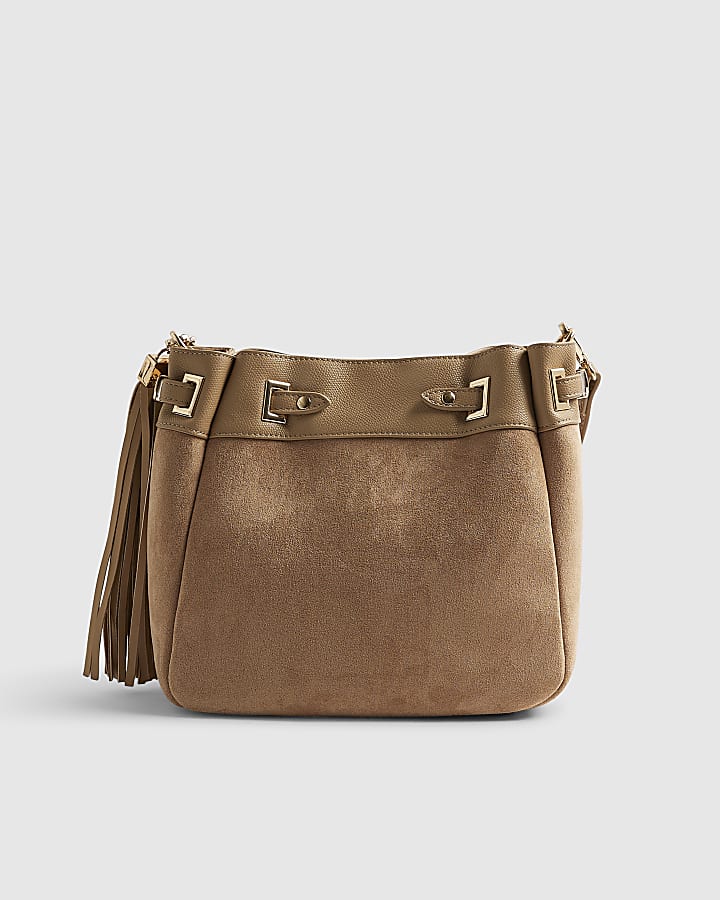 Beige Faux Suede Tassel Bucket Bag