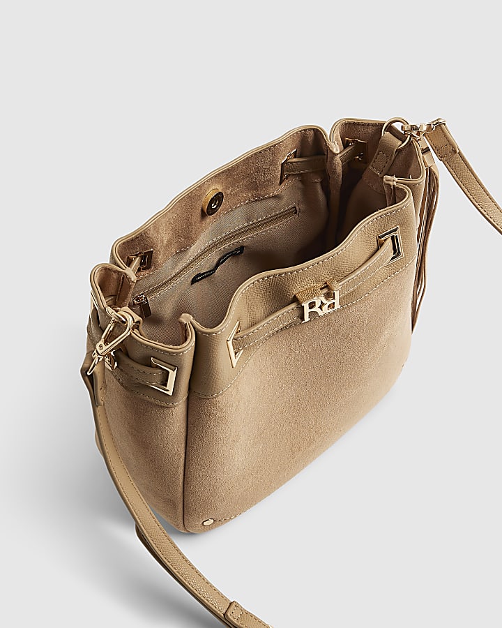 Beige Faux Suede Tassel Bucket Bag