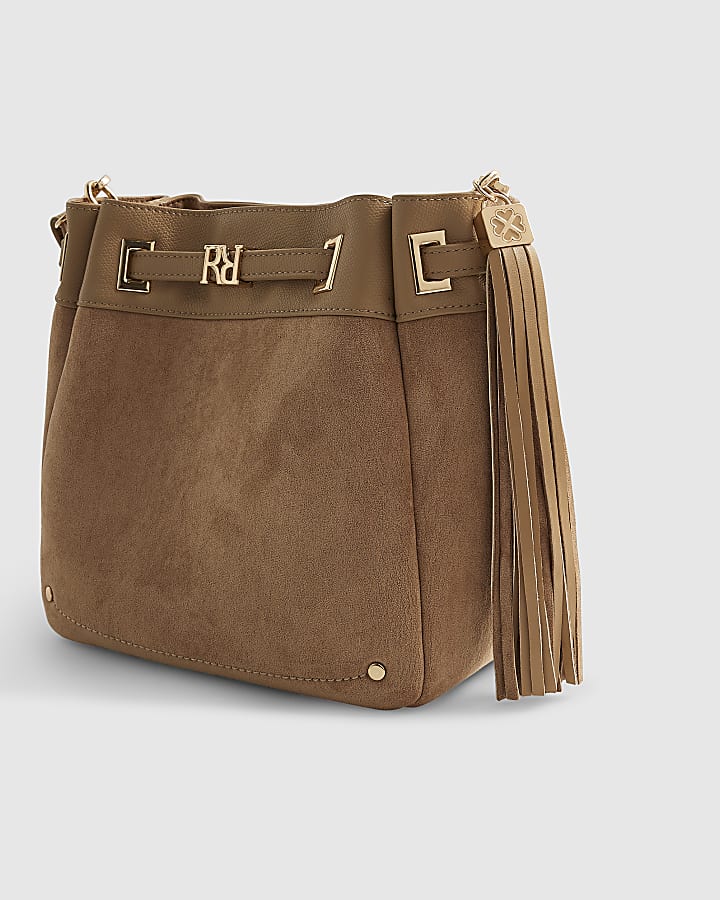 Beige Faux Suede Tassel Bucket Bag