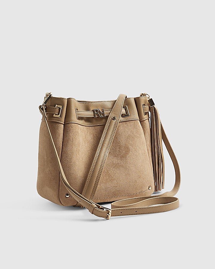 Beige Faux Suede Tassel Bucket Bag