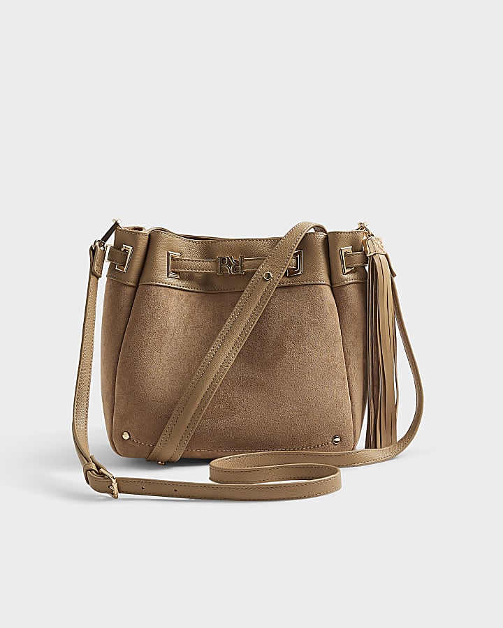 Beige Faux Suede Tassel Bucket Bag