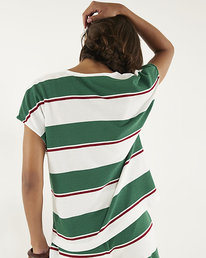 Green Short Sleeve Striped V Neck T-shirt