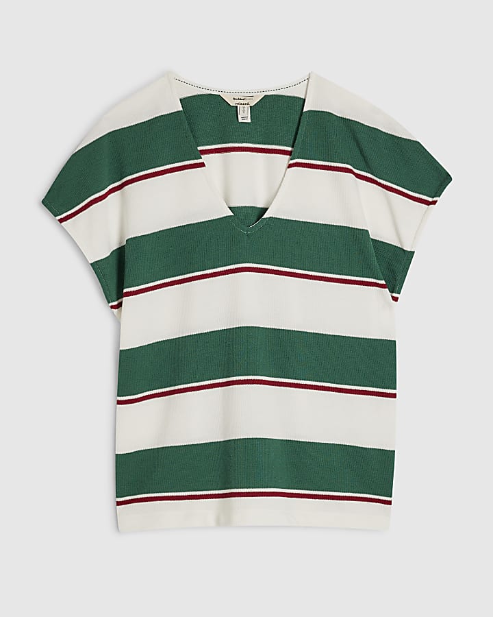 Green Short Sleeve Striped V Neck T-shirt