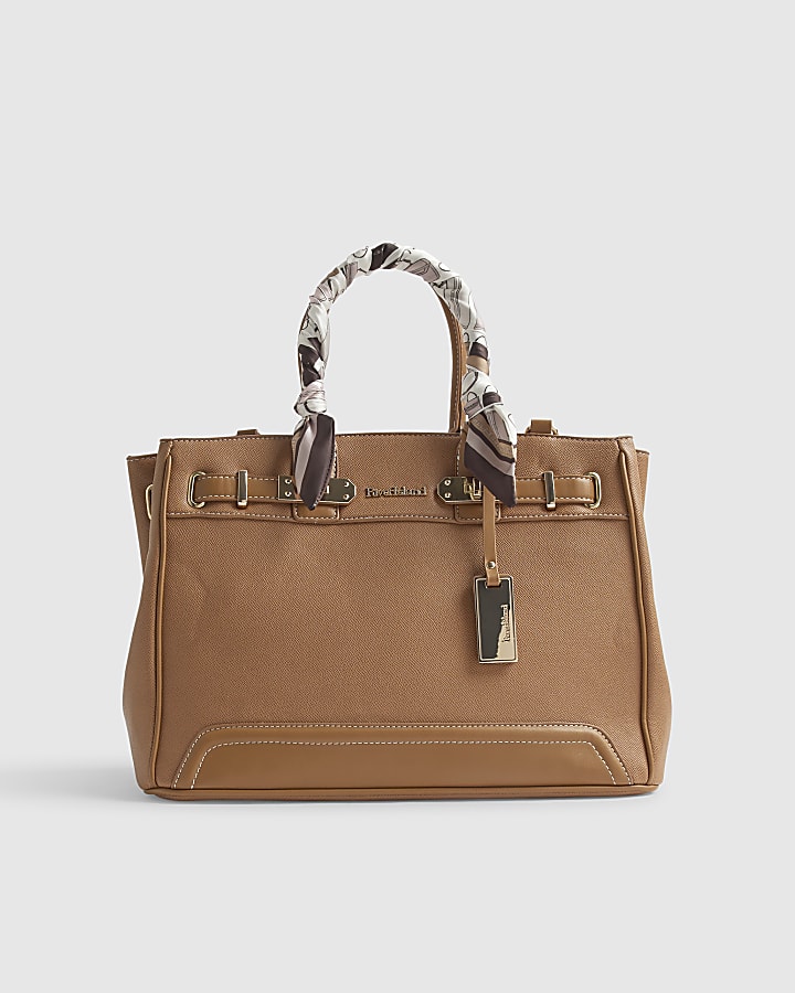 Beige Soft Lock Scarf Handle Tote Bag