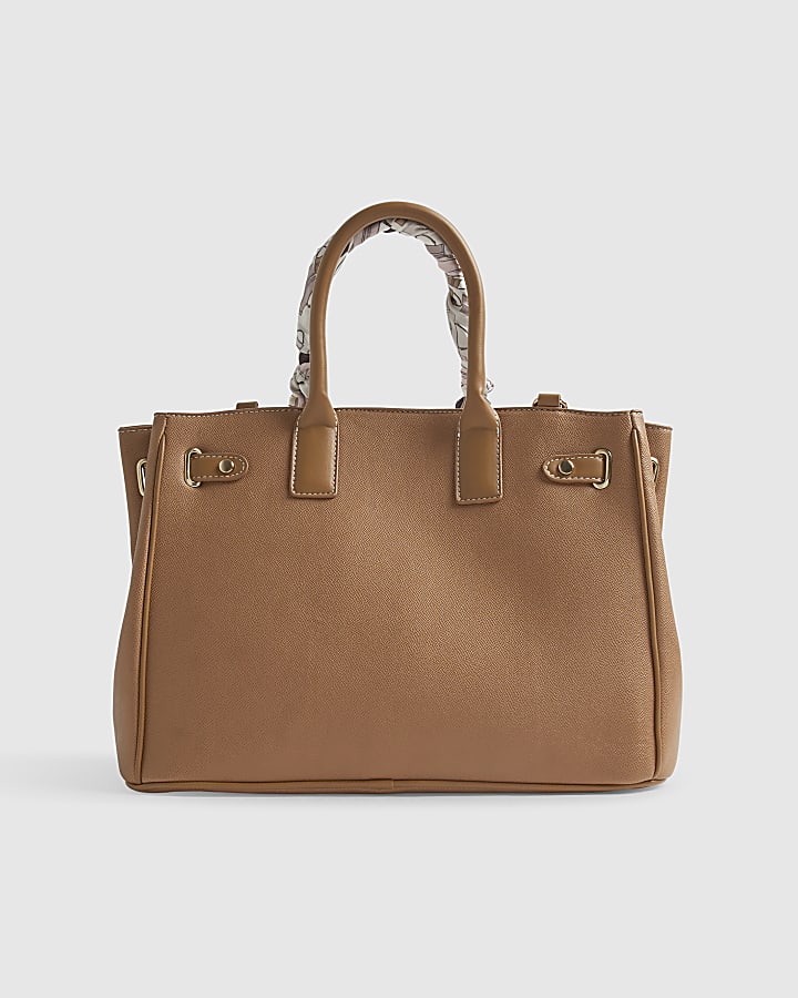 Beige Soft Lock Scarf Handle Tote Bag