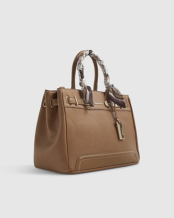Beige Soft Lock Scarf Handle Tote Bag