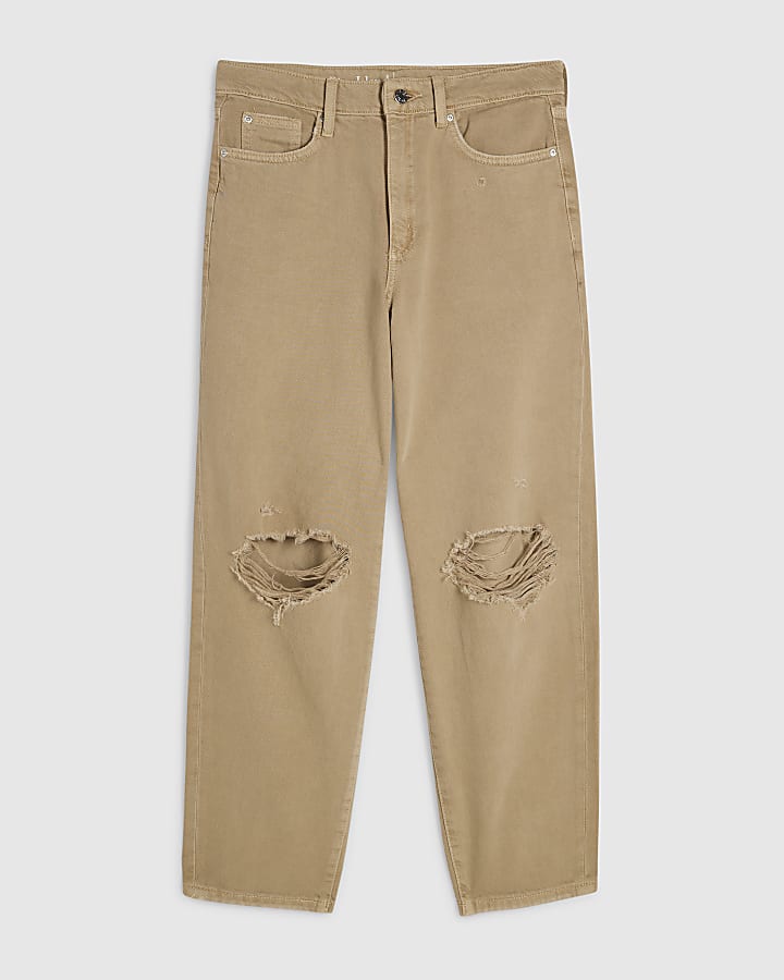 Beige Ripped Barrel Leg Jeans
