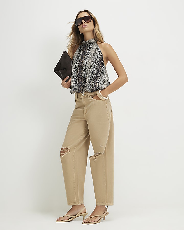 Beige Ripped Barrel Leg Jeans