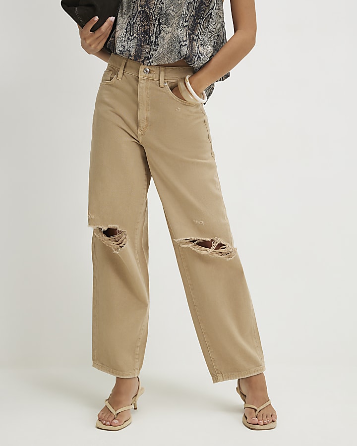 Beige Ripped Barrel Leg Jeans