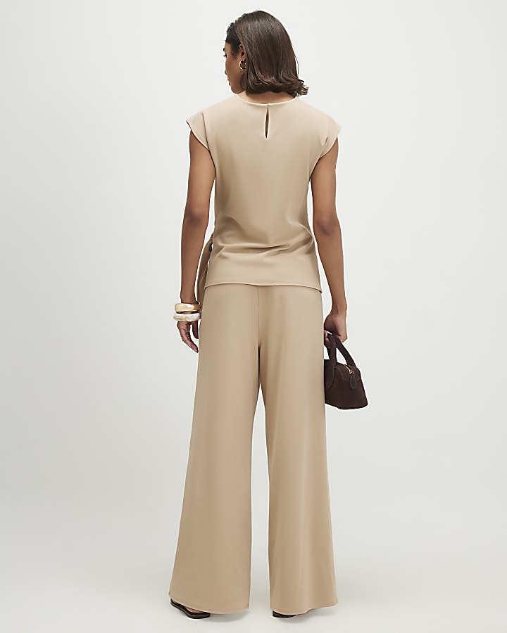 Beige Wide Leg Trousers